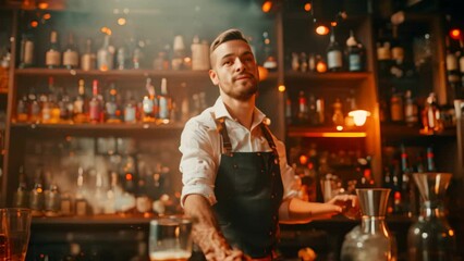 A man standing before a bar that is stocked with numerous bottles, A bartender juggling bottles and shakers while making a drink