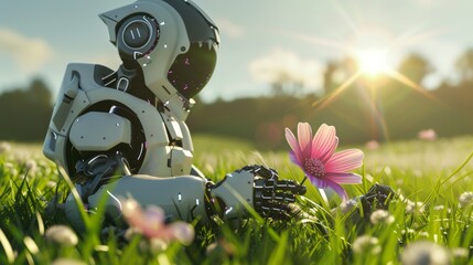 Robot relaxing in grass field, holding and admiring beautiful pink flower under the sun