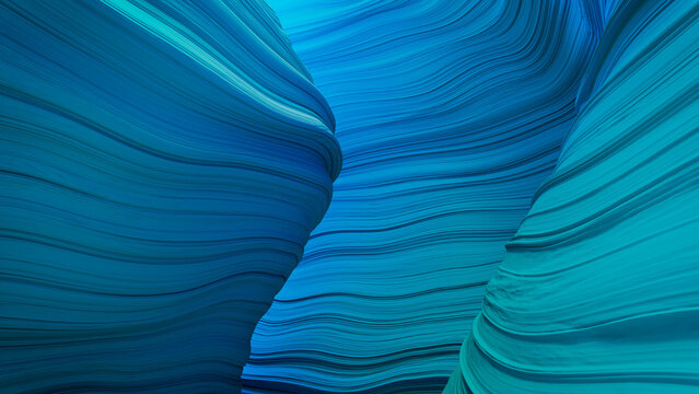 Blue and Turquoise 3D Rippled Geometry. Contemporary Background with Natural Forms. 