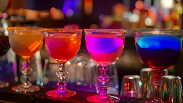 Bartender pouring colorful cocktails into multiple glasses lined up in a row, A bartender pouring colorful cocktail drinks into fancy glasses
