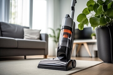 Vacuum cleaner cleaning carpet in living room, close-up