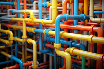 Complex network of multicolored pipes. Industrial pipeline system concept.
