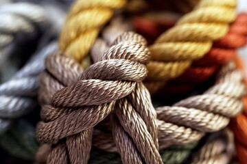 Fototapeta premium Colorful ropes of different colors. Close up. Selective focus.