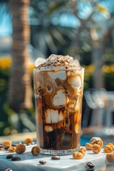 The summer vibe of an iced dark coffee with cream on a sunny day. Generative AI.