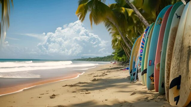 Several colorful surfboards lined up on a sandy beach, with palm trees in the background, A beach lined with palm trees and surfboards