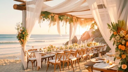 A table with wedding decor set up on the beach, ready for a bohemian celebration, A beachside celebration with a bohemian vibe and flowing fabrics