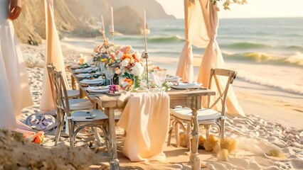 A table is elegantly arranged on the sandy beach, set up for a wedding celebration with a bohemian vibe, A beachside celebration with a bohemian vibe and flowing fabrics