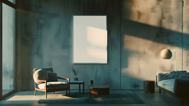 Aesthetics composition of open space interior with mock up poster frame modern armchair wooden coffee table round pillow modular sofa coffee table and personal accessories Home decor T : Generative AI - Powered by Adobe