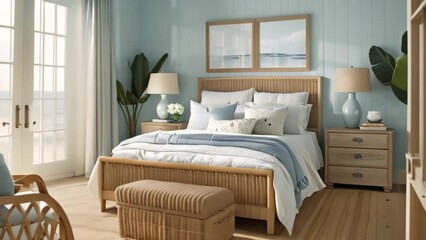 A bedroom featuring blue walls and a wicker bed, embodying a coastal theme with nautical touches, A beachy bedroom with nautical touches, a breezy color scheme, and rattan furniture