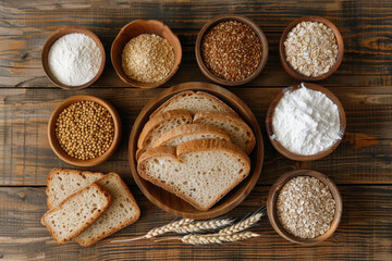 Top view of organic products. Bowls with different gluten free grains on wooden background