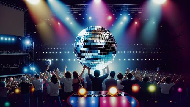 Party in concert stage with disco ball of the disco era. 