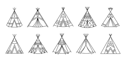 Set of Indian wigwam. Teepee collection in doodle style. Vector outline illustration isolated on white background.  © Ann