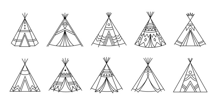 Set of Indian wigwam. Teepee collection in doodle style. Vector outline illustration isolated on white background. 