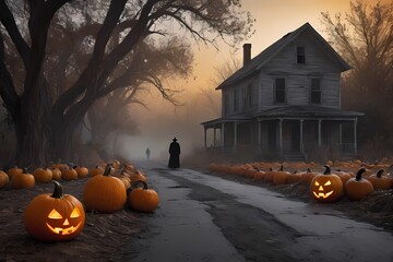 Halloween pumpkin on an abandoned town