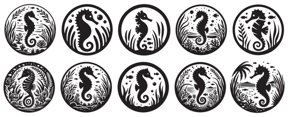 Black and White Seahorse silhouette Vector Bundle - Seahorse  Vector  Bundle © Waliul
