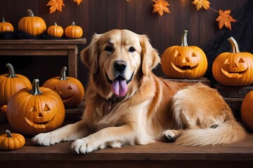 Playful dog with halloween pumpkins