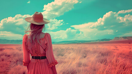 Obraz premium Duotone image of woman in hat walking through country field