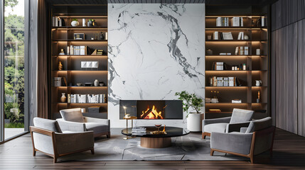 living room marble wall fireplace and stylish bookcase to the ceiling in a chic expensive interior of a luxurious country house with a modern design with wood and led light gray furnit : Generative AI