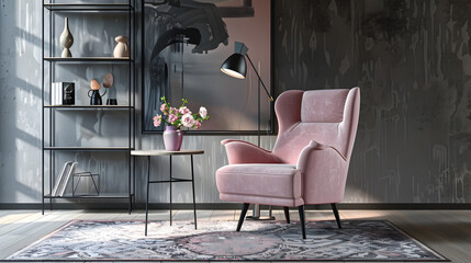 Real photo of a pink armchair standing on a rug and under a lamp in spacious living room interior next to a table with flowers and in front of a shelf next to a grey wall with dark pai : Generative AI