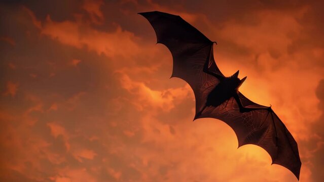 Silhouetted bat flying through cloudy sky at sunset, A black bat silhouetted against a blood-red sky