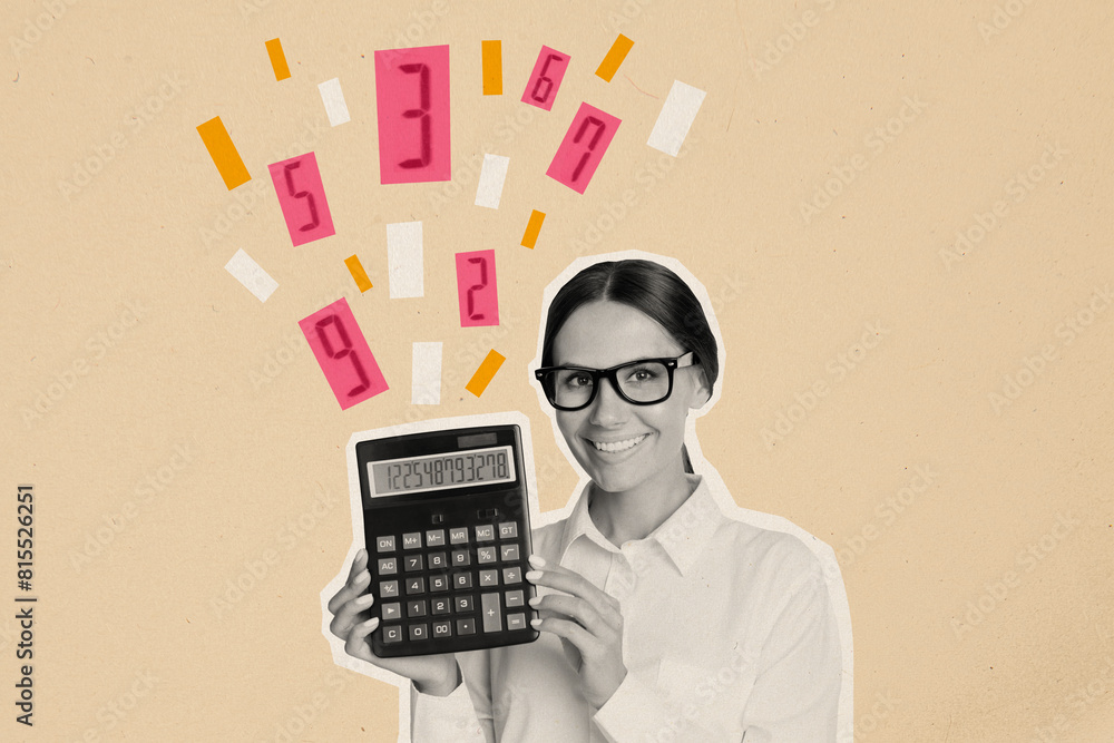 Poster Composite collage image of female entrepreneur hold calculator numbers financier fantasy billboard comics zine minimal