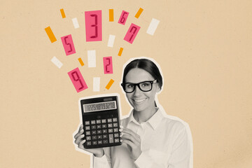 Composite collage image of female entrepreneur hold calculator numbers financier fantasy billboard comics zine minimal