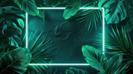 Green tropical leaves with a square neon light in the center on a black background, Background for product, text