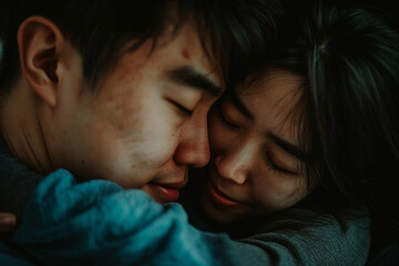 A tight hug between an Asian couple their faces close