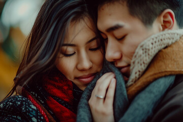 A tight hug between an Asian couple their faces close