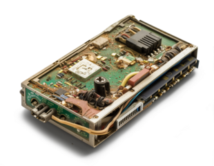Obsolete modem in a non-functional state, illustrating electronic waste on transparent background