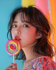 Asian woman with rainbow lollipop