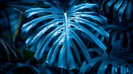 Obraz premium Fresh monstera green leaf with water droplets on dark backdrop, nature background