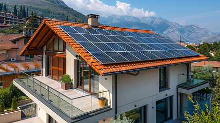 Concept of renewable energy: Solar panels installed on a rooftop of house in the mountains
