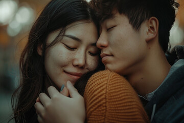 An affectionate hug between an Asian couple eyes closed
