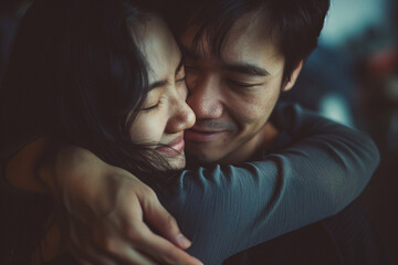 An Asian couple in a tight hug