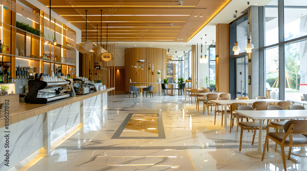 Poster light wooden and marble tile floor interior of modern cafe with double ceiling height lobby bar in l