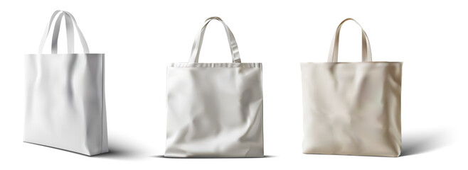 Mockup of tote bags in various shapes and handle lengths. Realistic 3D vector set of white cloth canvas eco shoppers. Blank fabric cotton or linen reusable grocery handbags, ideal for custom designs.