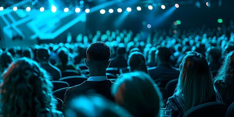 Audience members seen from behind in a conference hall during a business event. Concept Conference Hall, Business Event, Audience, Back View, Professional Environment