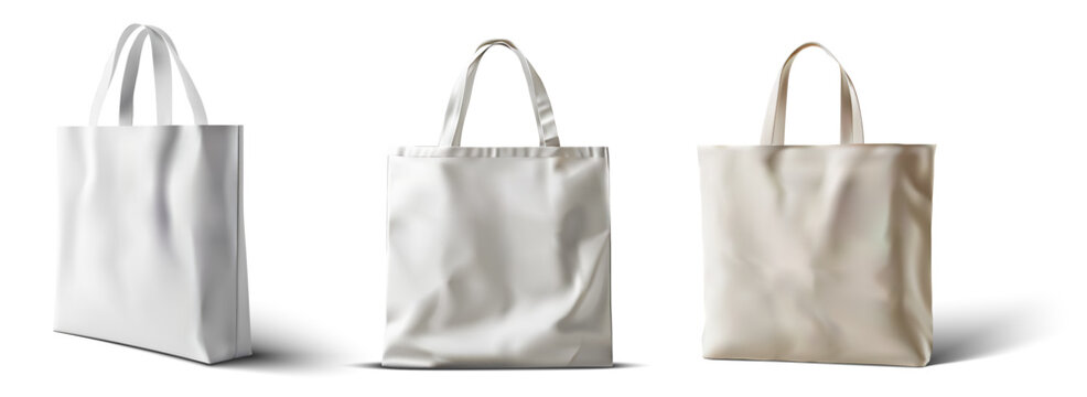Mockup of tote bags in various shapes and handle lengths. Realistic 3D vector set of white cloth canvas eco shoppers. Blank fabric cotton or linen reusable grocery handbags, ideal for custom designs.