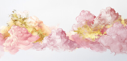 Dreamy blush & gold watercolor clouds on panoramic white canvas.
