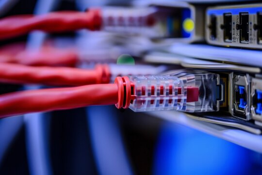 Lan fiber optic cable connecting server to network switch for seamless data transmission