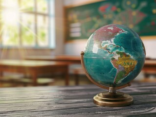 3d globe on the table with background of map, stock photo, colorful