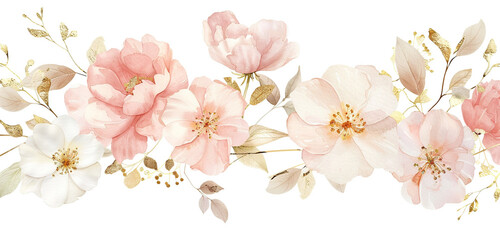 Deluxe wide-format watercolor scene in pastel pink, ivory & gold detailing.