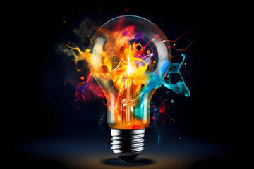 Creative light bulb explodes with colorful paint and splashes on a black background. Think differently creative idea concept