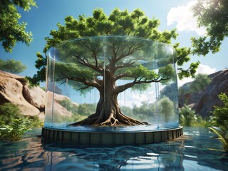 A lush green tree stands tall on a rocky shore, its reflection shimmering in the calm lake water