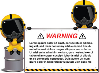 Vector cute Characters wearing Protective suit and gas mask holding a message board which you can replace text. PPE suit, Industrial safety, isolated on white background.