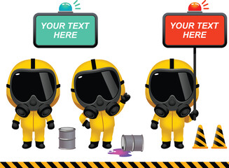 Vector cute Characters wearing Protective suit and mask in many action poses. PPE suit, Industrial safety, isolated on white background, which you can replace text