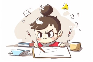 Cartoon cute doodles of a character with a serious expression, showing their commitment to completing a task with precision, Generative AI