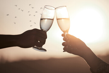 Sky, sunset or hands of couple toast on date in marriage or silhouette to travel on holiday vacation. Cheers, birds and romantic man bonding with closeup or woman for care, trust and support outdoors