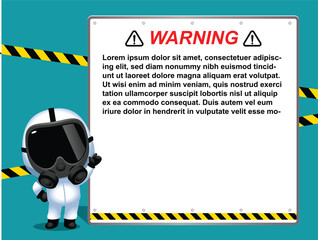 PPE-Suit-3Vector cute Characters wearing Protective suit and gas mask holding a message board which you can replace text. PPE suit, Industrial safety, isolated on white background.